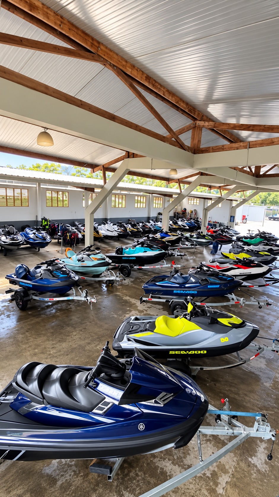 Jet skis organizados na área coberta da Marina Almirante
